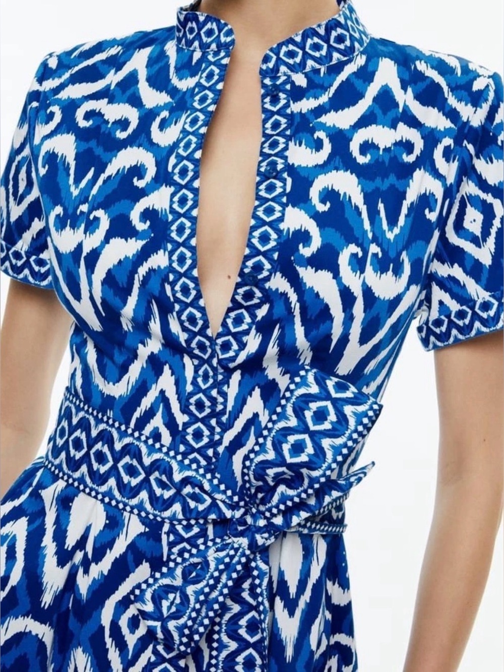 Alice + Olivia Rolled Sleeve Mini Shirt Dress Artisan Ikat French Blue Size 0 - Picture 2 of 16